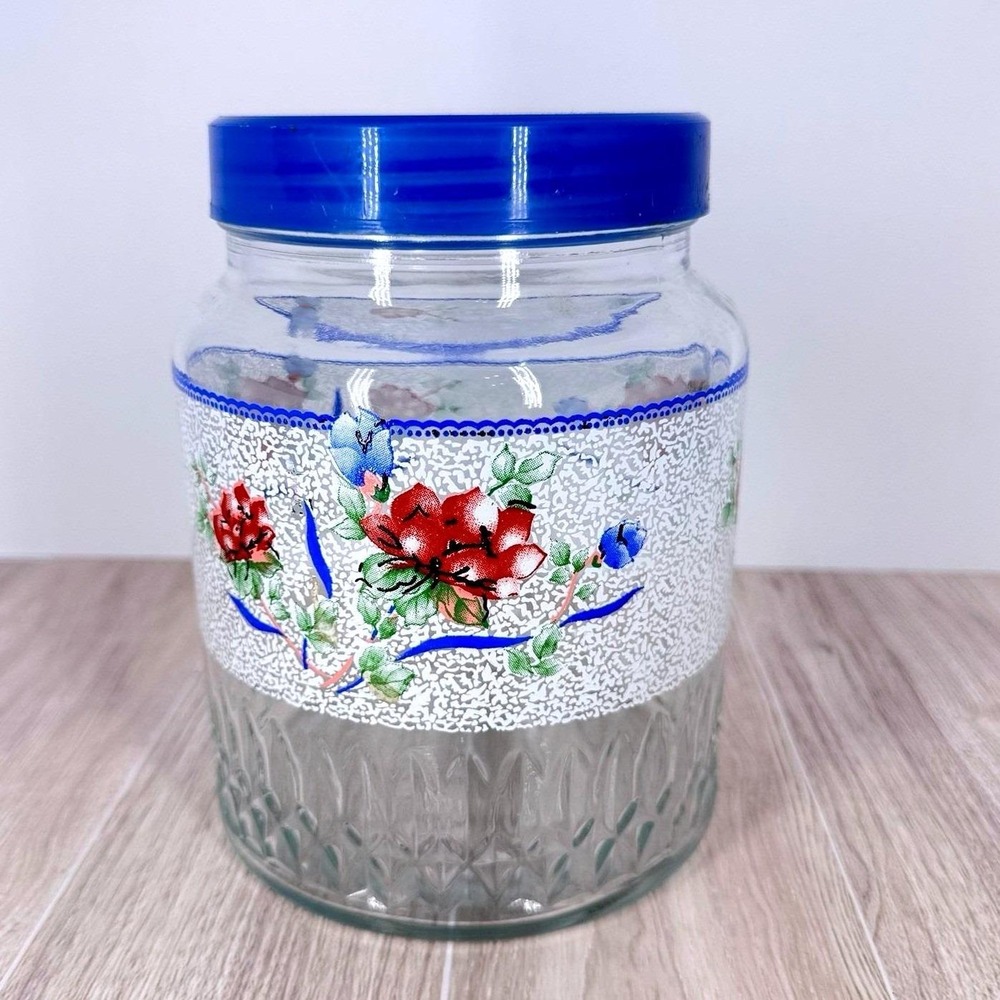 Vintage Glass Canister Jar Blue Lid Strawberry Floral Fruit Retro Kitchen Decor